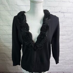 CACHE Black Rosette Trim 3/4 Sleeve Cardigan Large